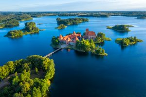 Blue,Lakes,Around,Old,Castle,Trakai,In,Lithuania,Aerial,View.